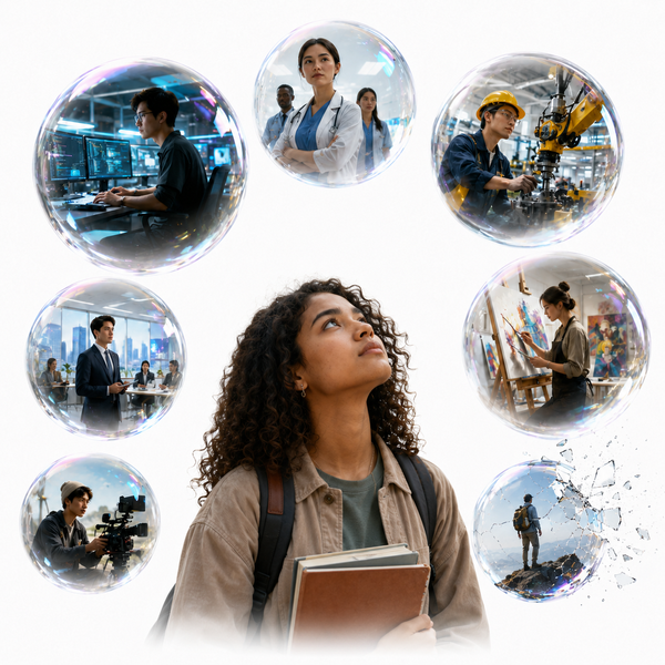 Estudiante reflexionando sobre la relación entre vocación, empleo e ingresos