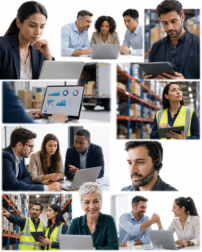 Profesionales de administración supervisando operaciones y logística