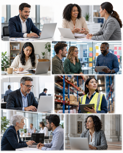 Equipo de administradores evaluando proyectos y decisiones empresariales