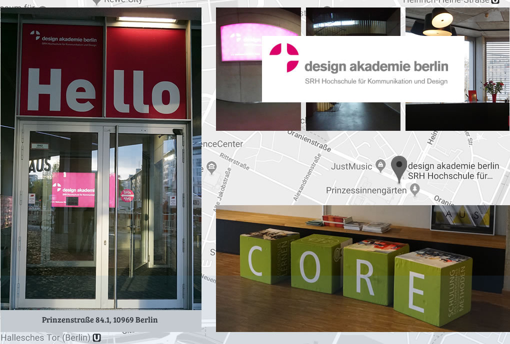 Collage de la entrada principal al design akademie berlin SRH Hochschule für Kommunikation und Design - CORE: competencia orientada en Investigación y Educación. Fotos de la #rutansqe por centros educativos en Berlín.
